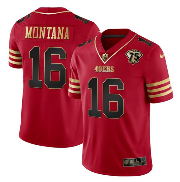 Men's San Francisco 49ers #16 Joe Montana Red Gold With 75th Anniversary Patch Football Stitched Jersey